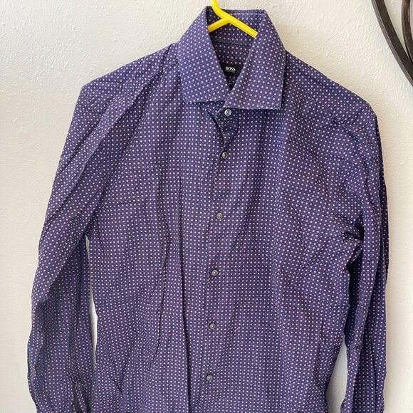 Hugo Boss Mens Slim Fit Purple Patterned Cotton Button-Up Shirt Size 41/16 - Picture 1 of 14